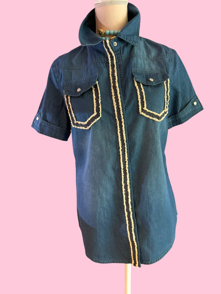 Camicia denim- Chanellina camicia 100% cotone manica corta con passamaneria Couture