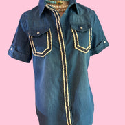 Camicia denim- Chanellina camicia 100% cotone manica corta con passamaneria Couture