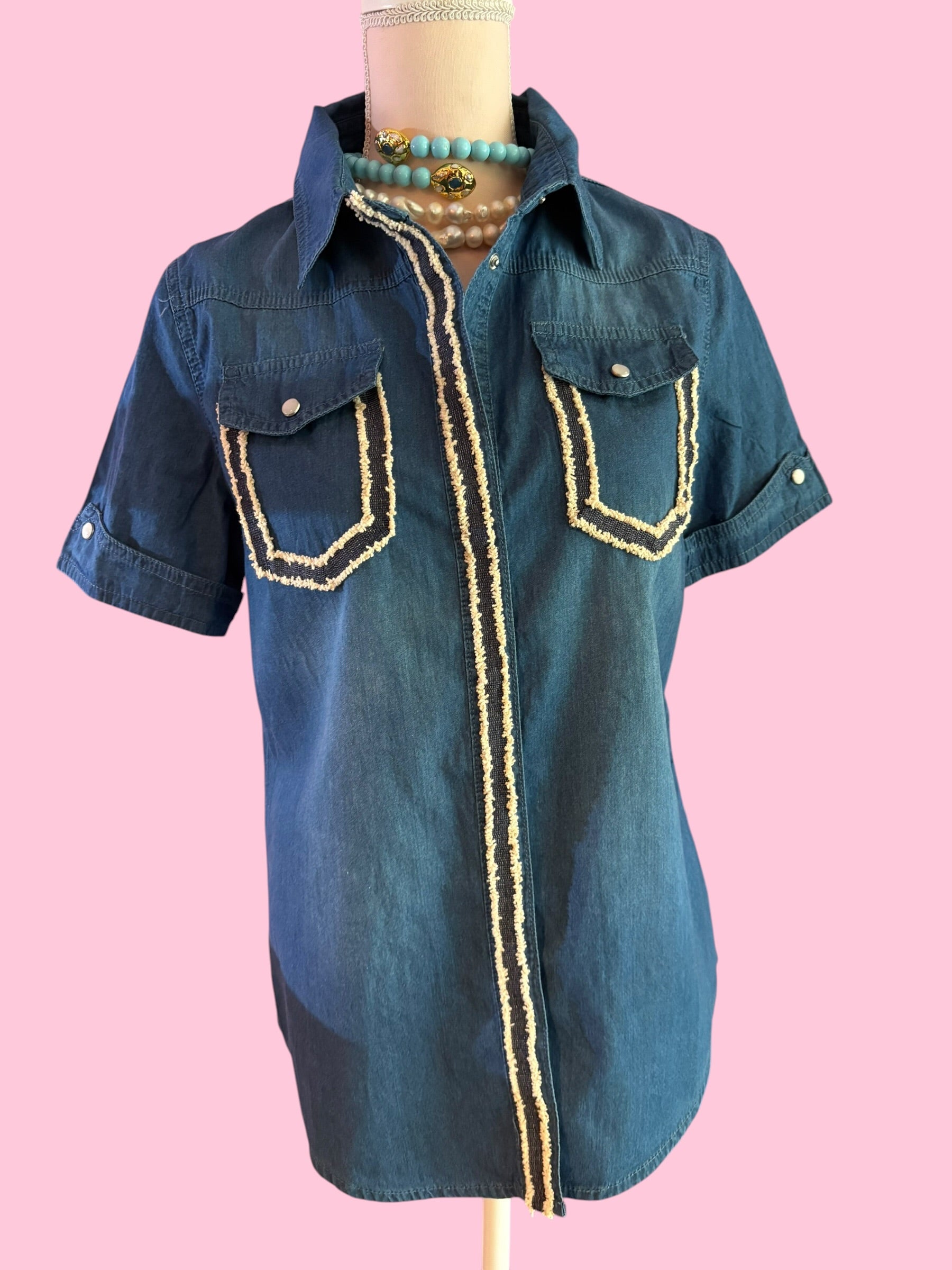 Camicia denim- Chanellina camicia 100% cotone manica corta con passamaneria Couture