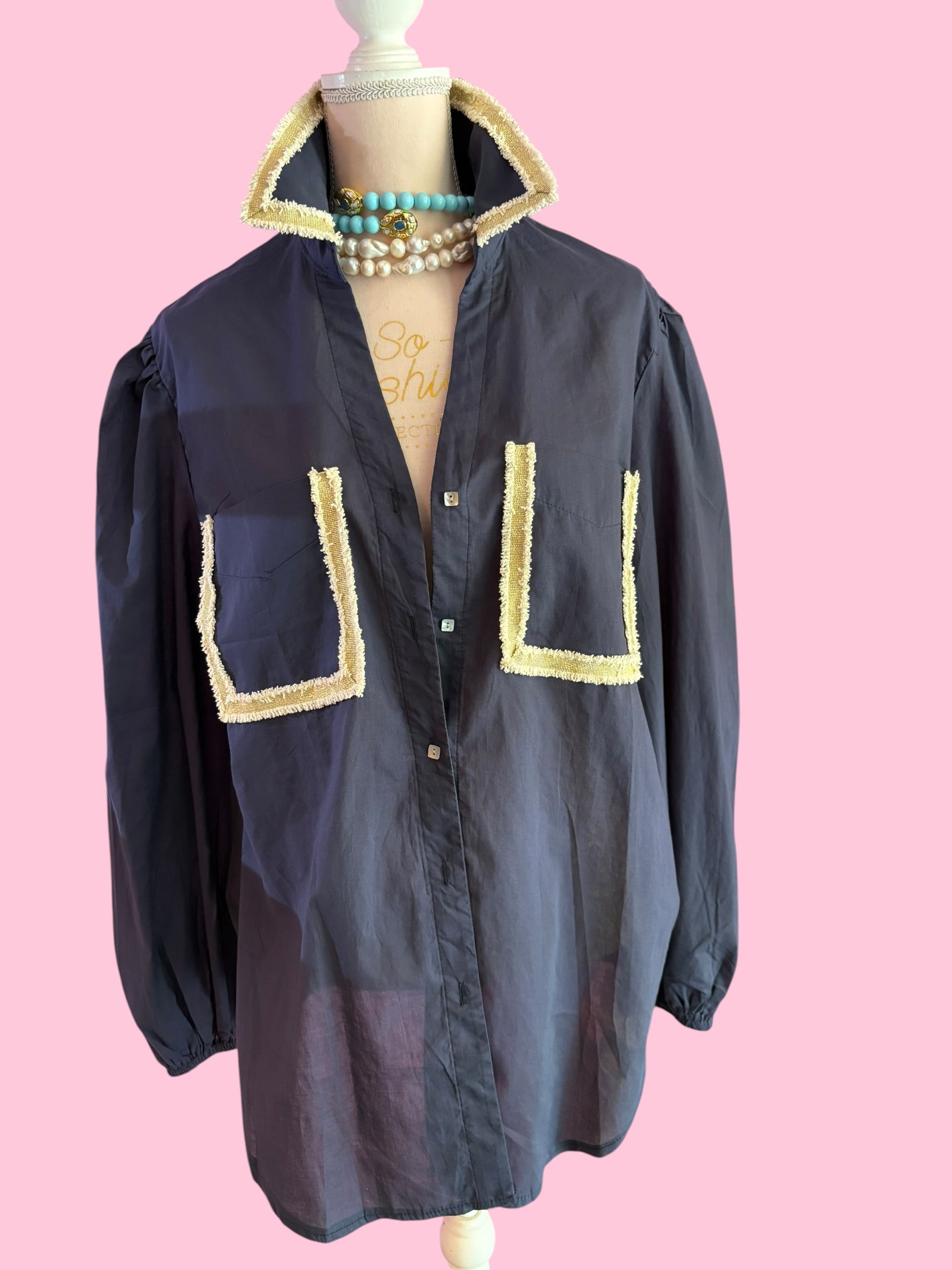 Camicia blu- Chanellina 100% voile di cotone con passamaneria Couture