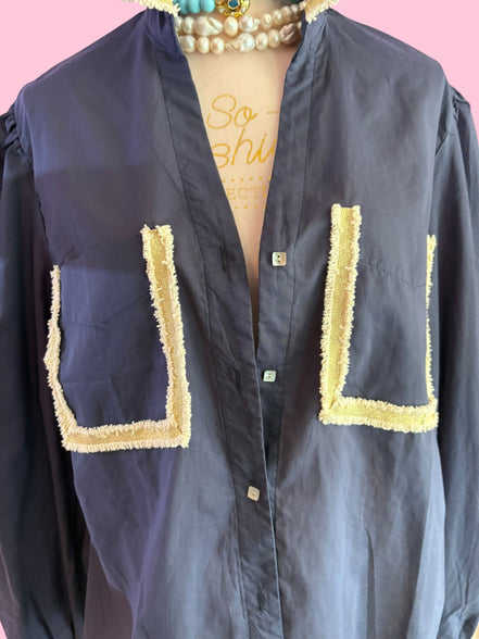 Camicia blu- Chanellina 100% voile di cotone con passamaneria Couture