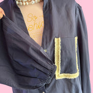 Camicia blu- Chanellina 100% voile di cotone con passamaneria Couture