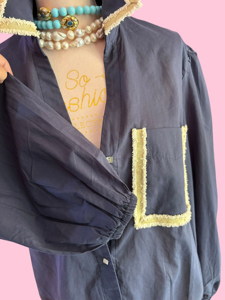 Camicia blu- Chanellina 100% voile di cotone con passamaneria Couture