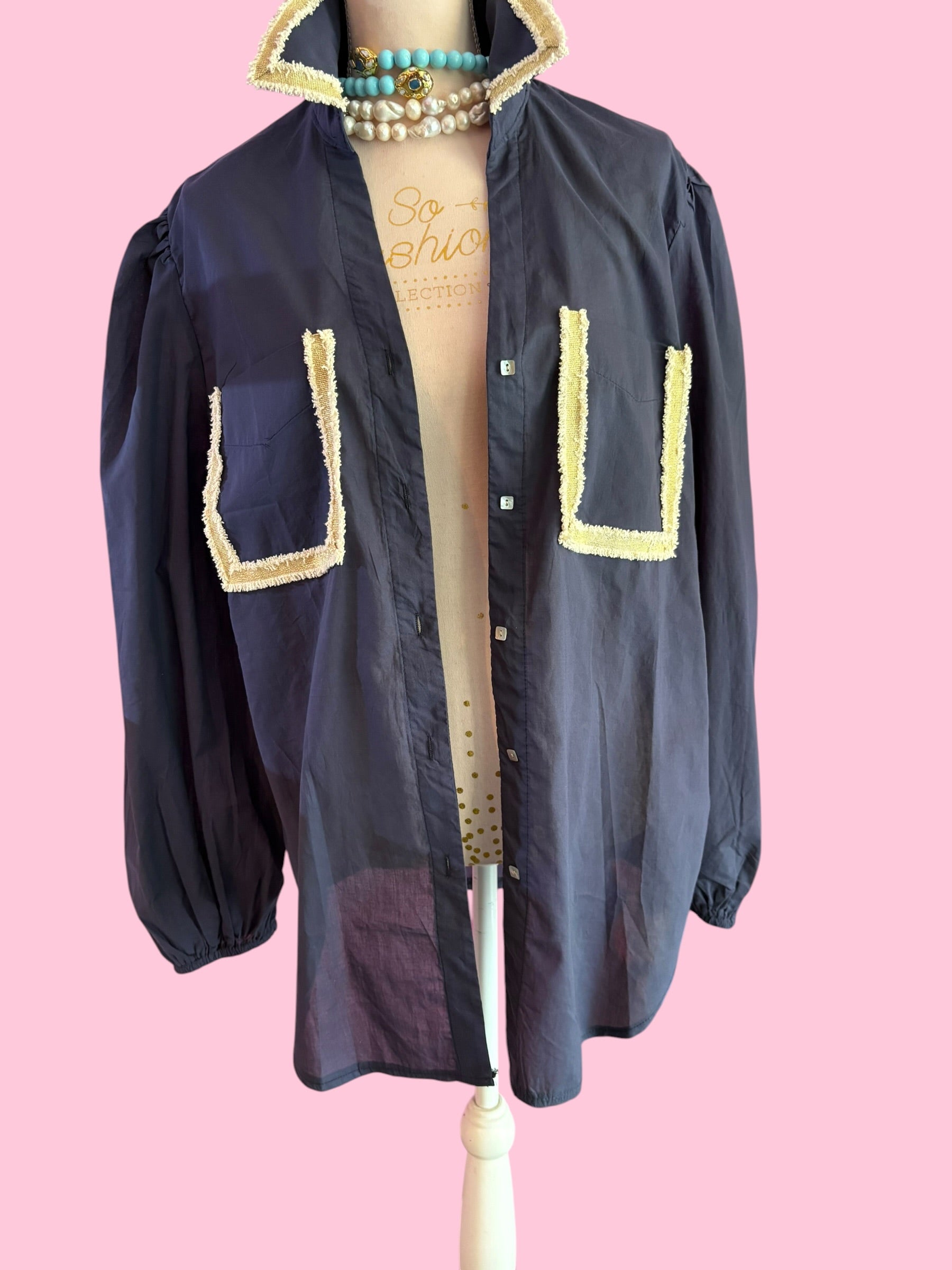 Camicia blu- Chanellina 100% voile di cotone con passamaneria Couture
