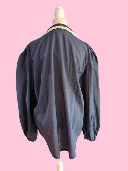 Camicia blu- Chanellina 100% voile di cotone con passamaneria Couture