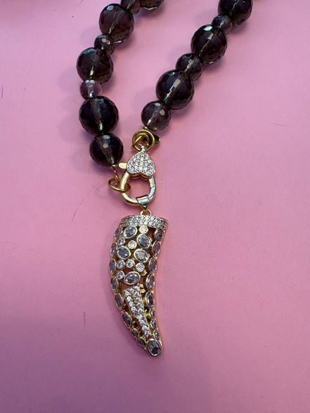 Collana TALISMANI - QUARZO FUME' - chiusura gioiello - cm 60- charm  Corno