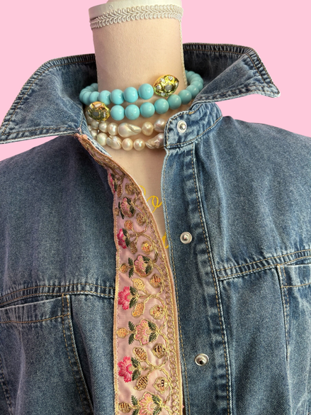 Camicia denim- Flower camicia 100% cotone manica corta con passamaneria Couture