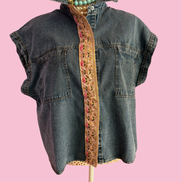Camicia denim- Flower camicia 100% cotone manica corta con passamaneria Couture