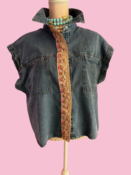 Camicia denim- Flower camicia 100% cotone manica corta con passamaneria Couture