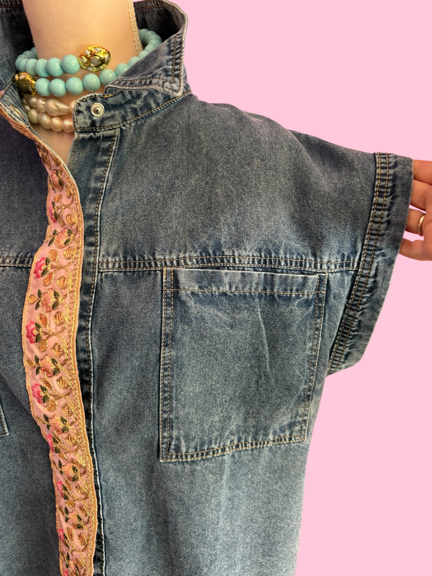 Camicia denim- Flower camicia 100% cotone manica corta con passamaneria Couture