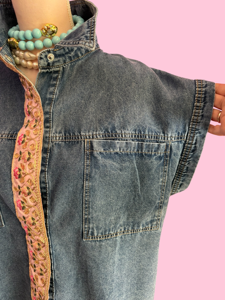 Camicia denim- Flower camicia 100% cotone manica corta con passamaneria Couture