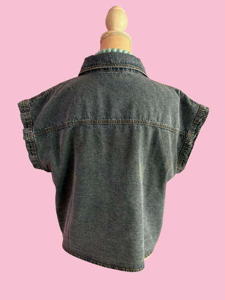 Camicia denim- Flower camicia 100% cotone manica corta con passamaneria Couture
