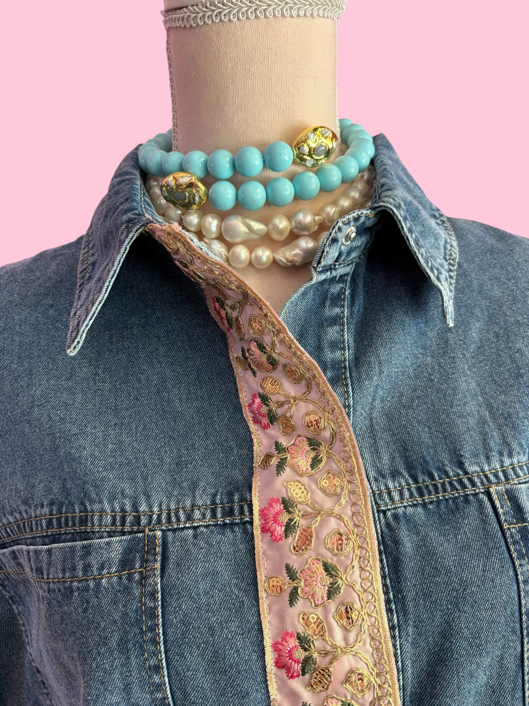 Camicia denim- Flower camicia 100% cotone manica corta con passamaneria Couture
