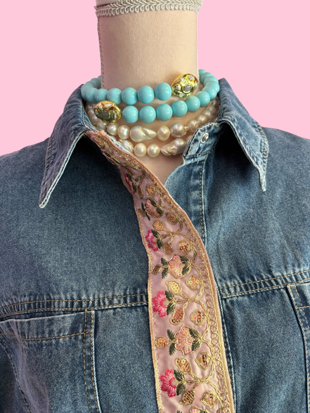 Camicia denim- Flower camicia 100% cotone manica corta con passamaneria Couture
