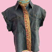 Camicia denim- Flower camicia 100% cotone manica corta con passamaneria Couture