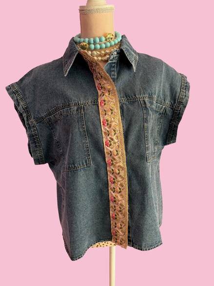 Camicia denim- Flower camicia 100% cotone manica corta con passamaneria Couture