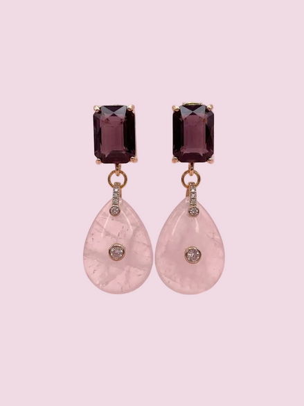 Orecchini  -JAIPUR  goccia quarzo rosa con cristalli viola
