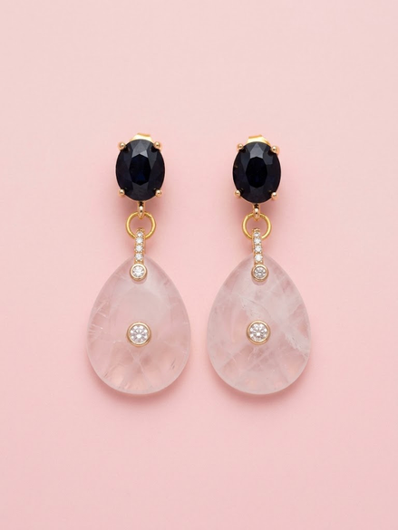 Orecchini  -JAIPUR  goccia quarzo rosa con cristalli neri