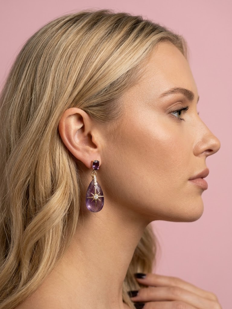 Ohrringe - Jaipur Rosa Achat mit Nordstern und blauen Kristallen