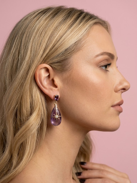 Ohrringe - Jaipur Rosa Achat mit Nordstern und blauen Kristallen