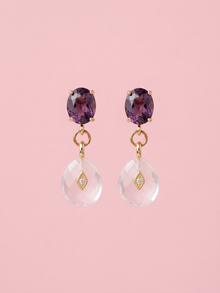 Orecchini  -JAIPUR  quarzo rosa  con cristalli viola