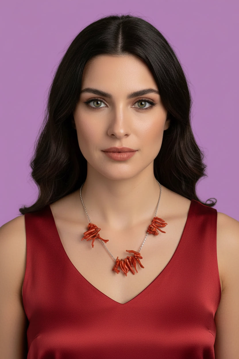 Collezione Mediterranea - Collana argento 925 rodio con rametti corallo rosso naturale