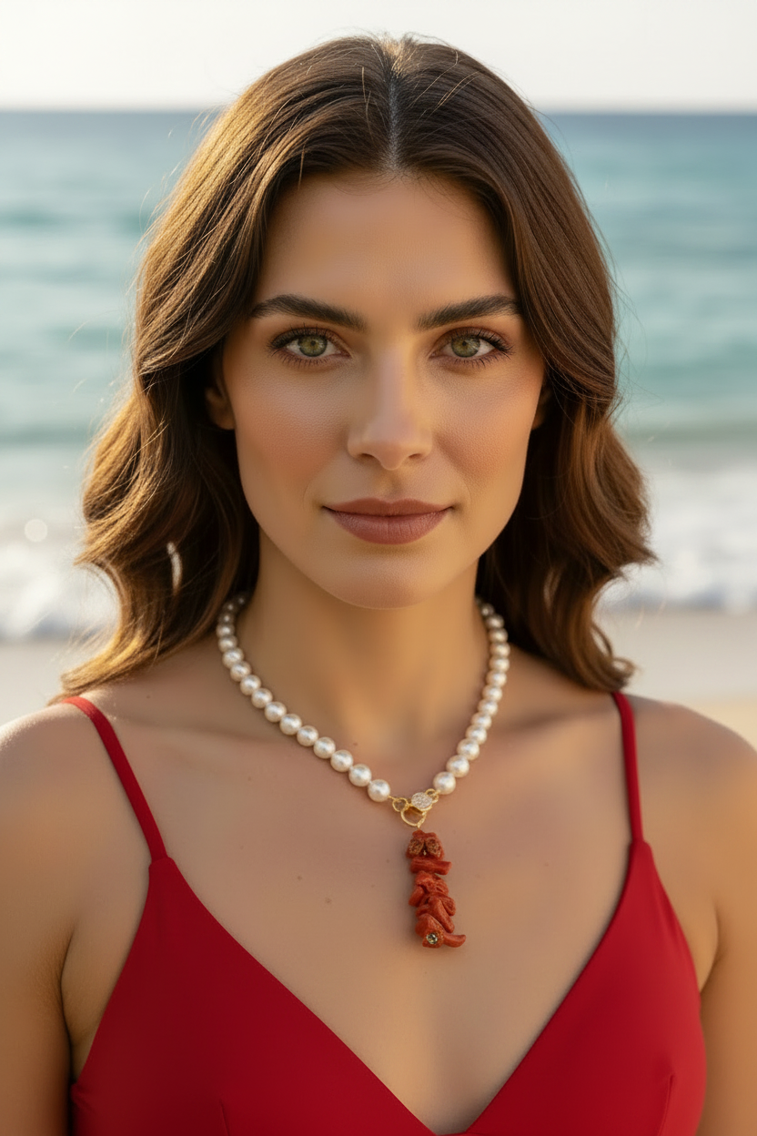 Collezione Mediterranea - Collana perle coltivate con charm corallo rosso naturale