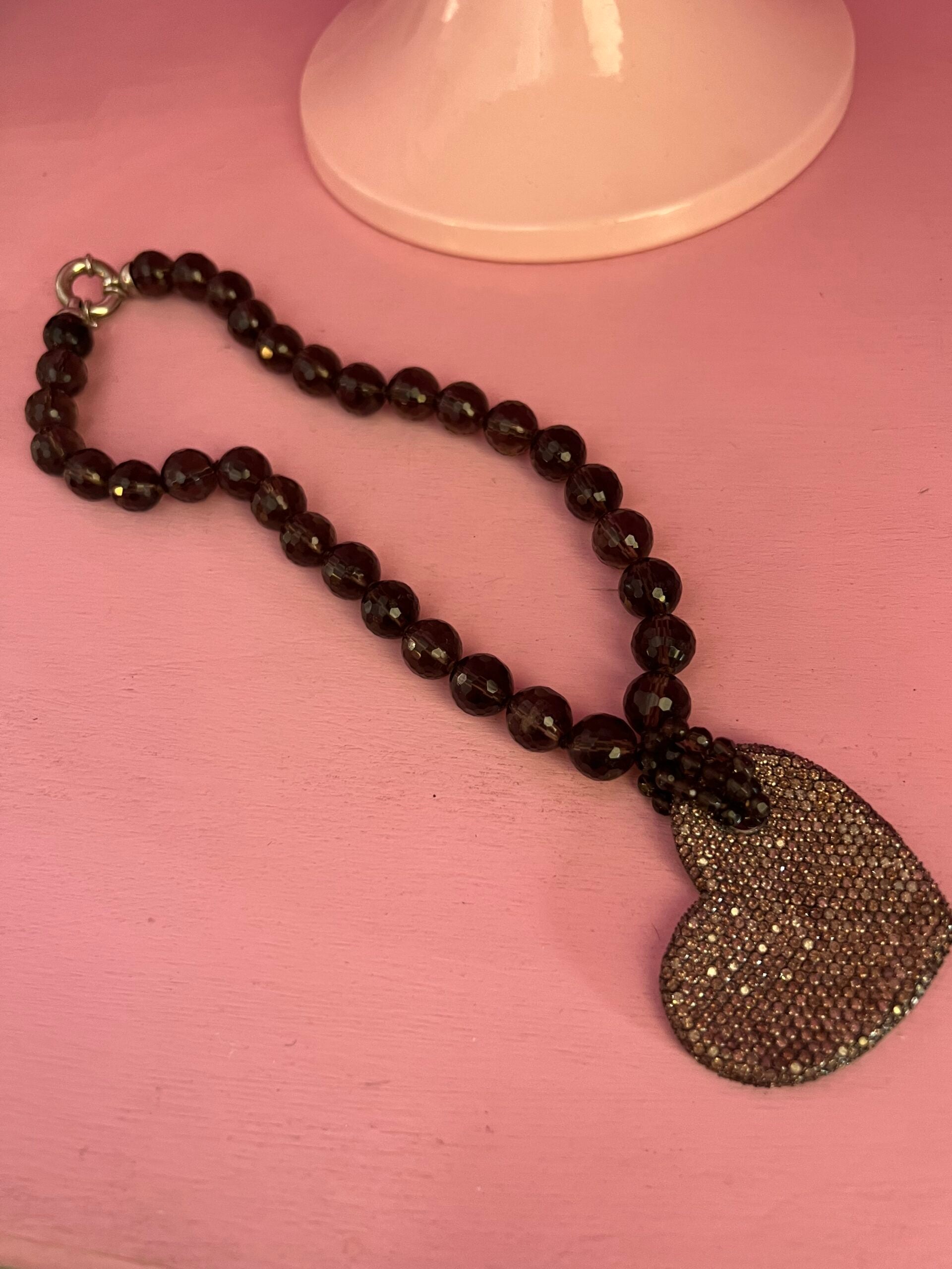 Collana di topazio fumè pendente cuore con pave di zirconi