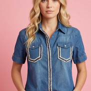 Camicia denim- Chanellina camicia 100% cotone manica corta con passamaneria Couture