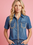 Camicia denim- Chanellina camicia 100% cotone manica corta con passamaneria Couture
