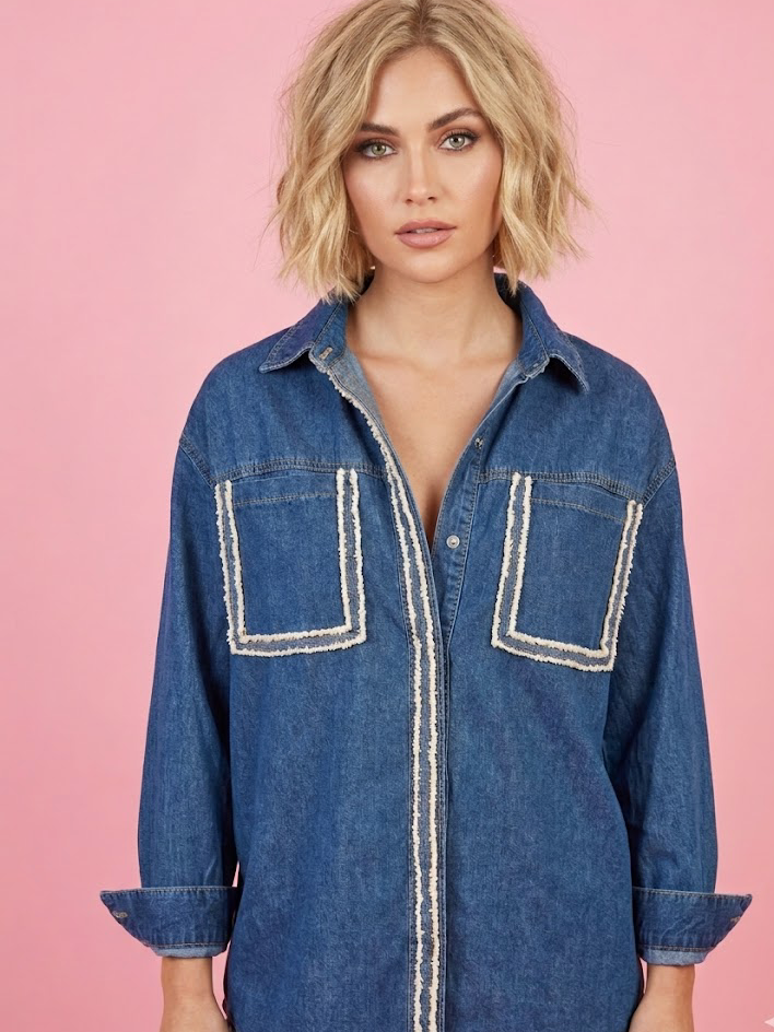 Camicia denim- Chanellina camicia 100% cotone con passamaneria Couture