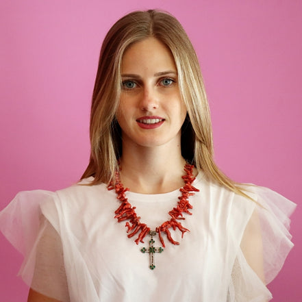 Collezione Mediterranea - Collana di Corallo rosso naturale e Croce