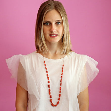 Collezione Mediterranea - Collana corallo rosso e catena rettangolare argento rosé