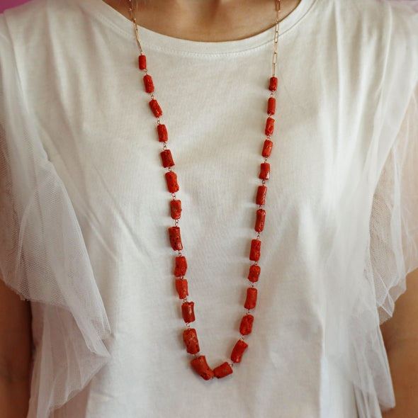 Collezione Mediterranea - Collana corallo rosso e catena rettangolare argento rosé