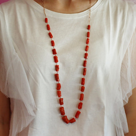 Collezione Mediterranea - Collana corallo rosso e catena rettangolare argento rosé