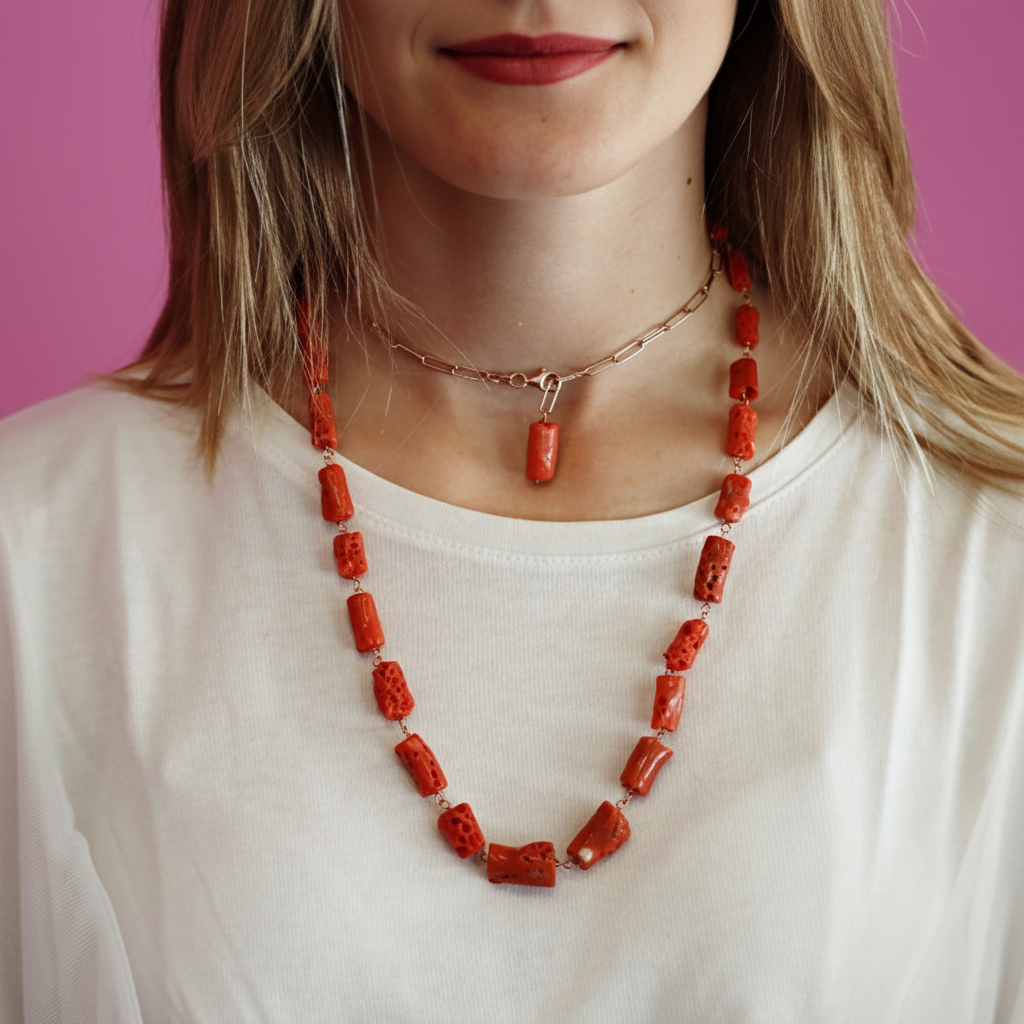 Collezione Mediterranea - Collana corallo rosso e catena rettangolare argento rosé