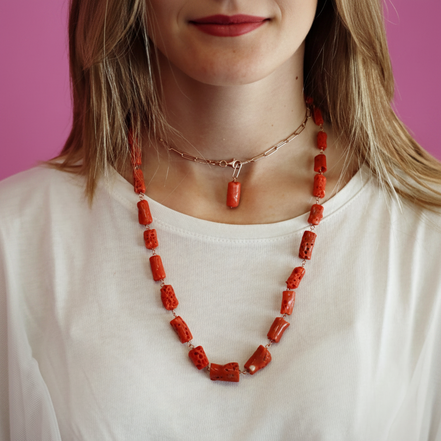 Collezione Mediterranea - Collana corallo rosso e catena rettangolare argento rosé