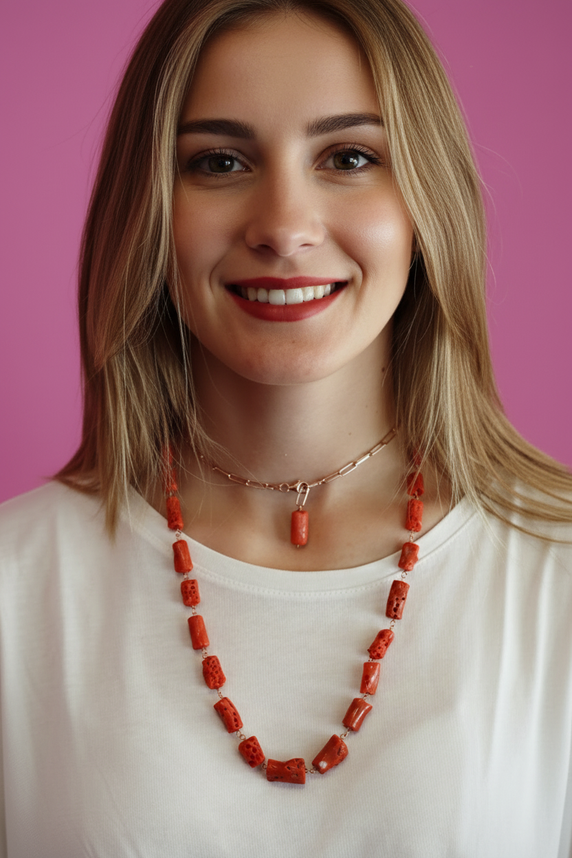 Collezione Mediterranea - Collana corallo rosso e catena rettangolare argento rosé