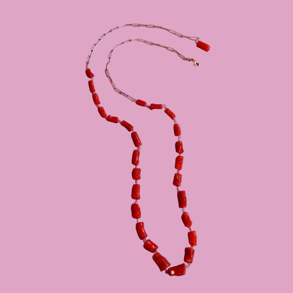 Collezione Mediterranea - Collana corallo rosso e catena rettangolare argento rosé