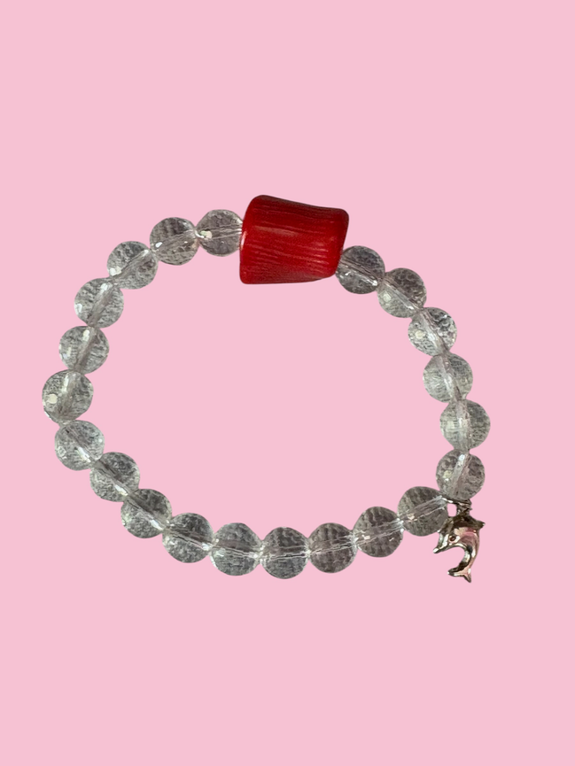 Bracciale Bisette - MEDITERRANEA  cristallo di rocca con corallo bamboo e delfino  argento 925