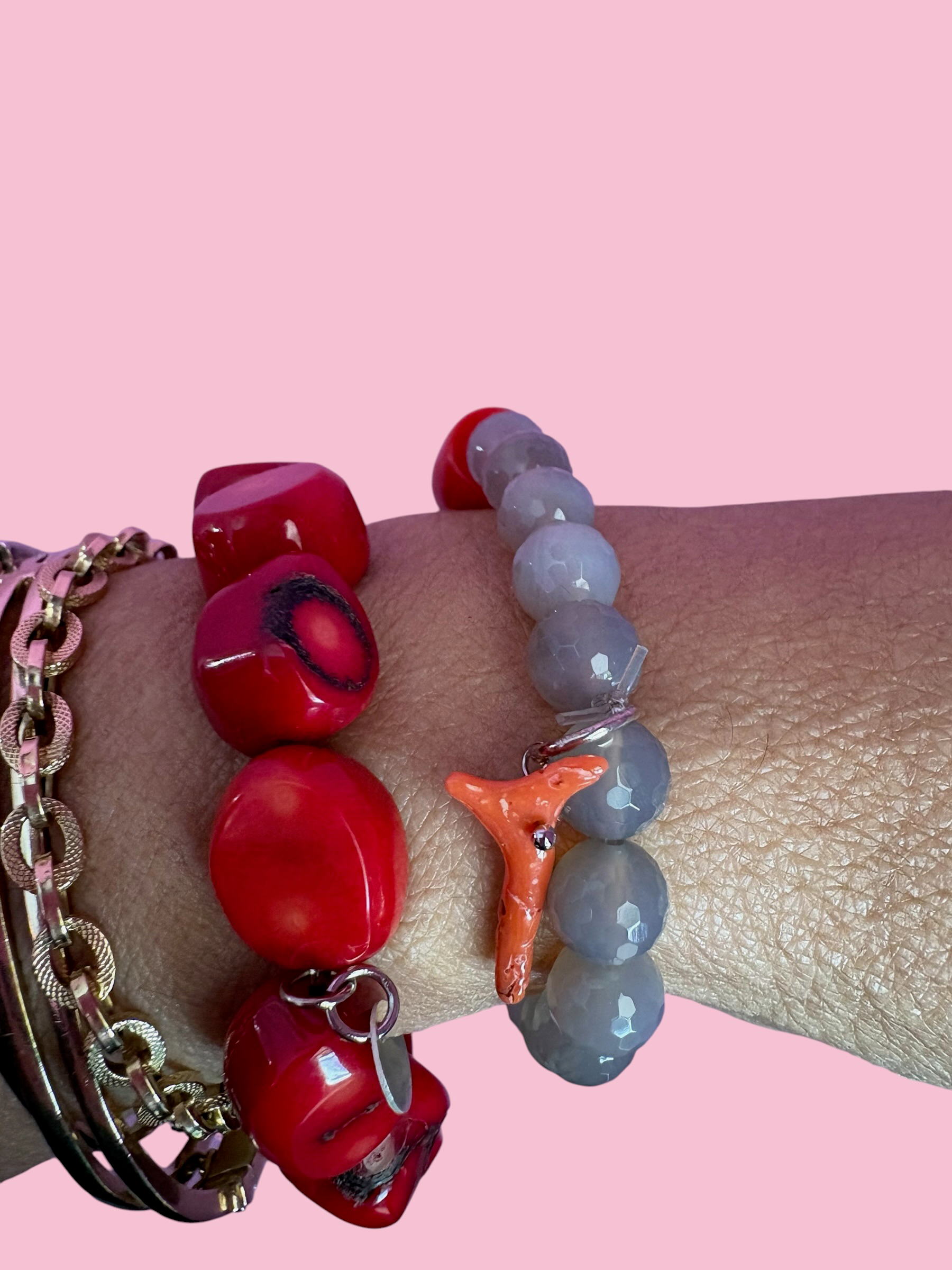 Bracciale Bisette - MEDITERRANEA  labradorite con corallo bamboo e rametto corallo charm