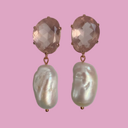 Orecchini  - quarzo rosa con grandi perle coltivate barocche