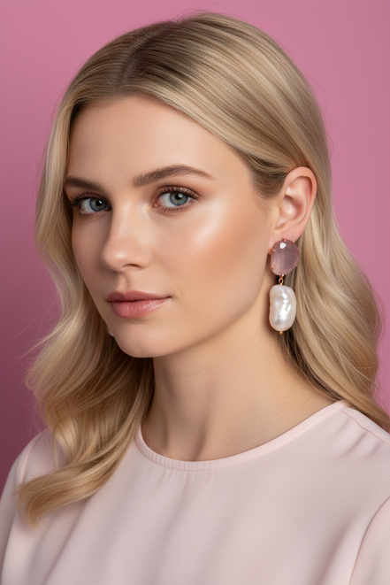 Orecchini  - quarzo rosa con grandi perle coltivate barocche