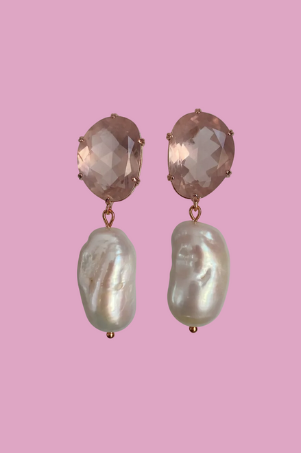 Orecchini  - quarzo rosa con grandi perle coltivate barocche