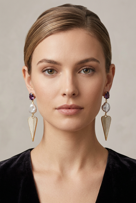 Orecchini  -CUORE allungato con  perle con cristalli burgundy