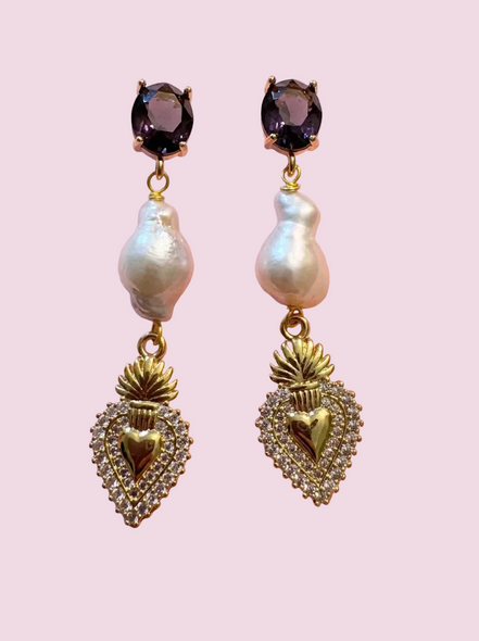 Orecchini  -CUORE SACRO COLLEZIONE TALISMANI   perle con cristalli burgundy