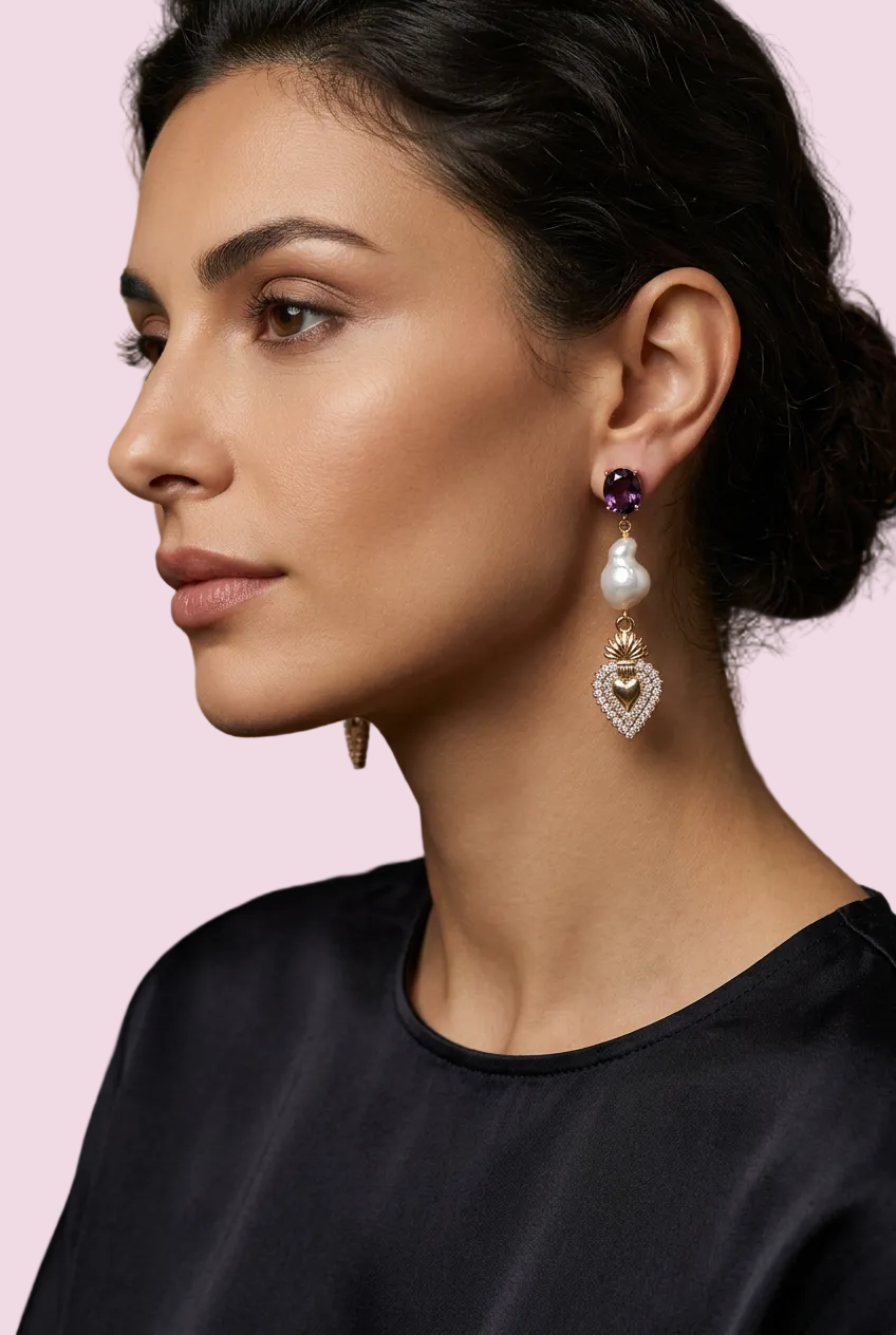 Orecchini  -CUORE SACRO COLLEZIONE TALISMANI   perle con cristalli burgundy