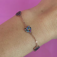 Bracciale argento 925 oro rosa con cuori di zirconi colorati