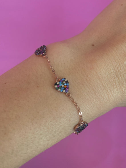 Bracciale argento 925 oro rosa con cuori di zirconi colorati