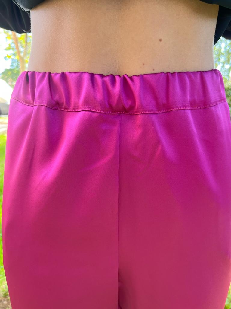 William Shakespeare - Pantaloni con tasche in raso fucsia con tasche ed elastico in vita